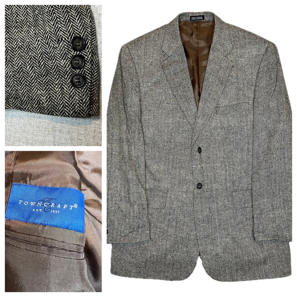 Towncraft Vintage Tweed Blazer Men's 40R 100% Silk Black White‎ Herringbone